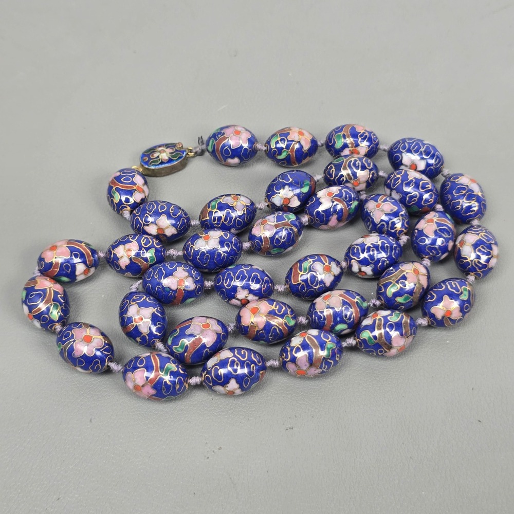 Vintage Chinese Cloisonne Enamel Cobalt Blue Floral Cloud Bead Necklace 26"